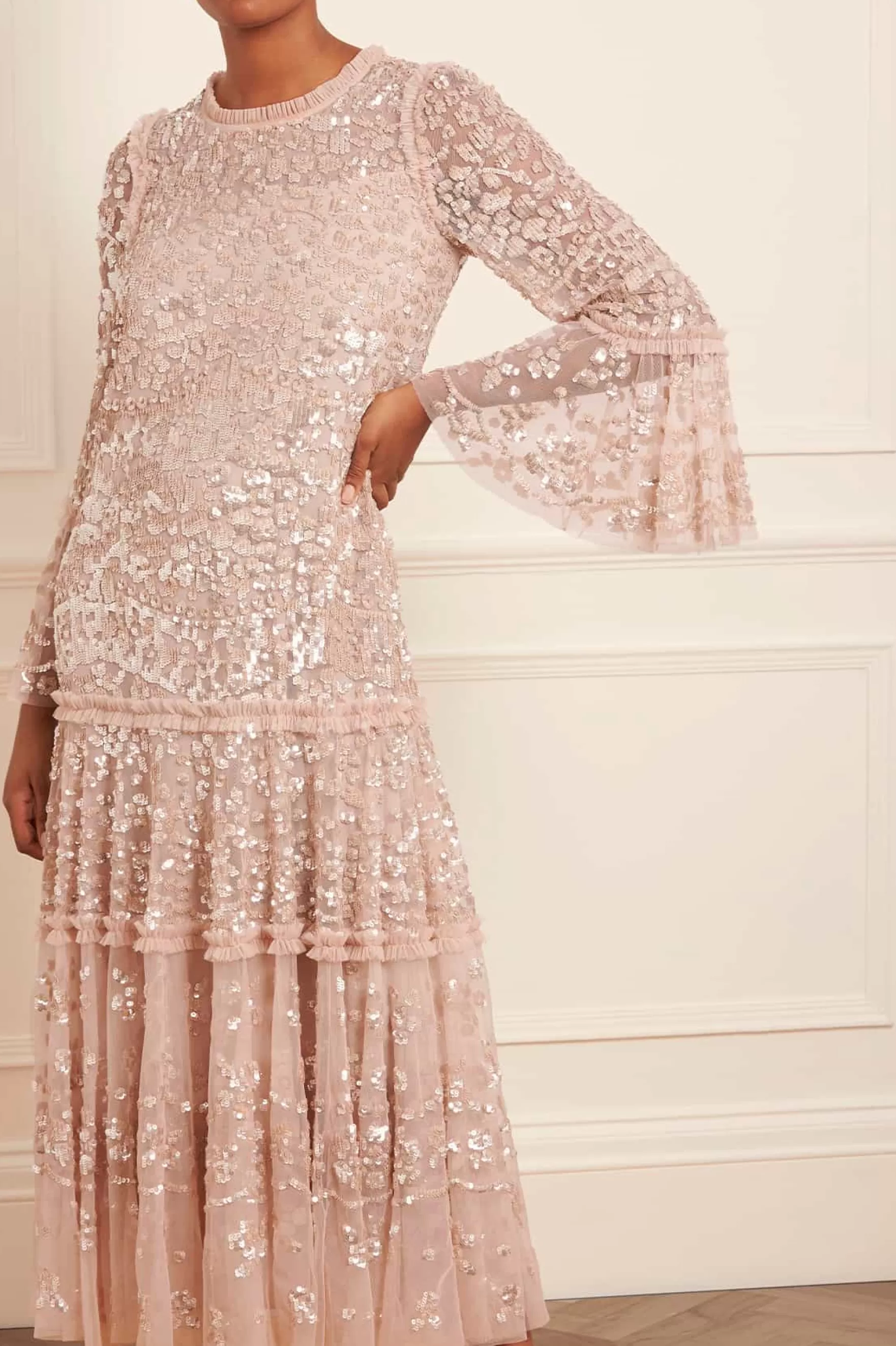 Needle & Thread Mother of the Bride | Plus Size>Annie Gloss Tiered Ankle Gown Beige