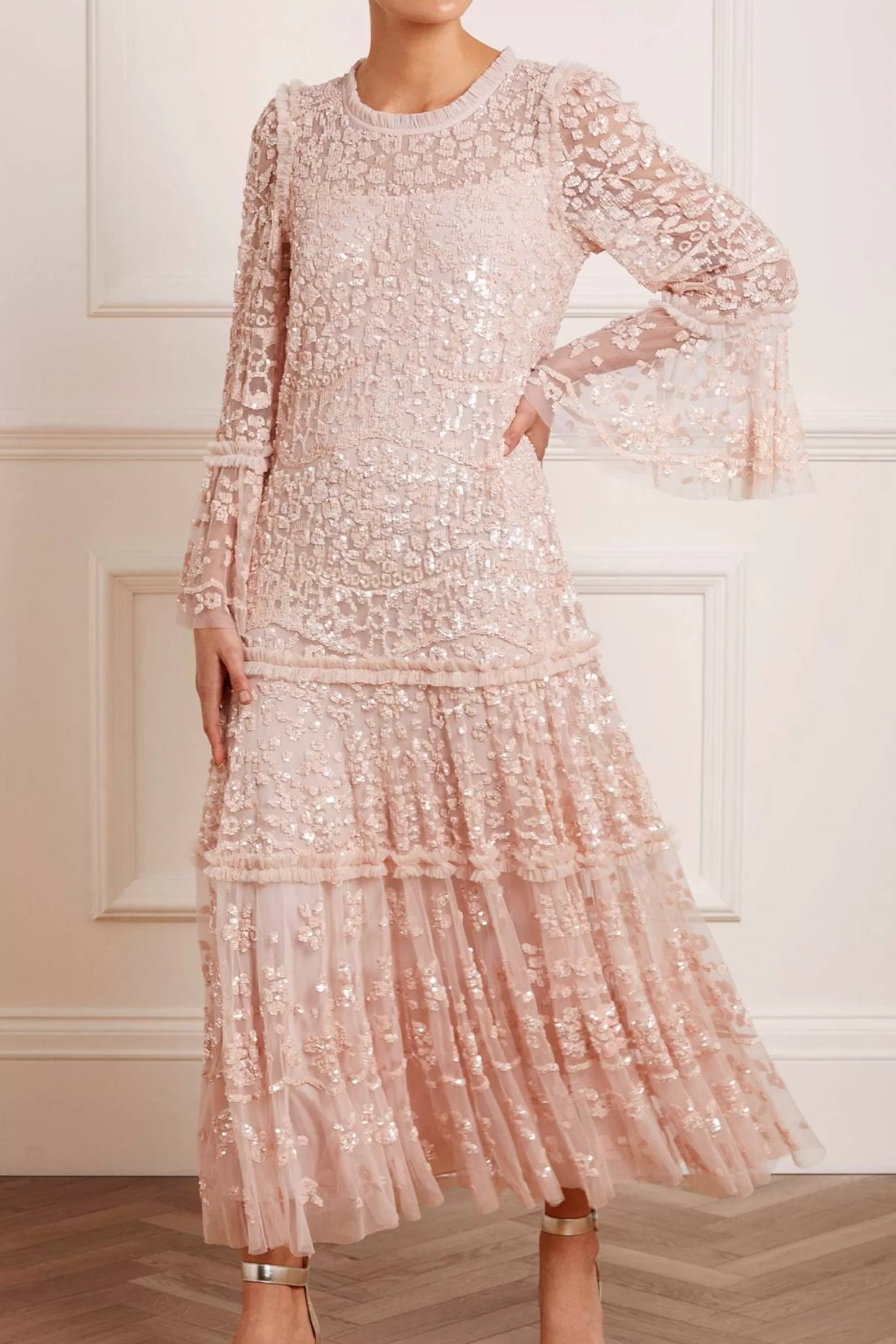 Needle & Thread Mother of the Bride | Plus Size>Annie Sequin Tiered Ankle Gown Pink